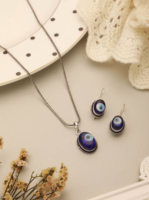 Saraf RS Jewellery Blue Evil Eye Minimal Classic Pendant & Earring Set-picture-21