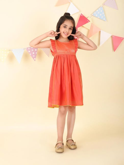 Fabindia Girls Orange Cotton Silk Dress