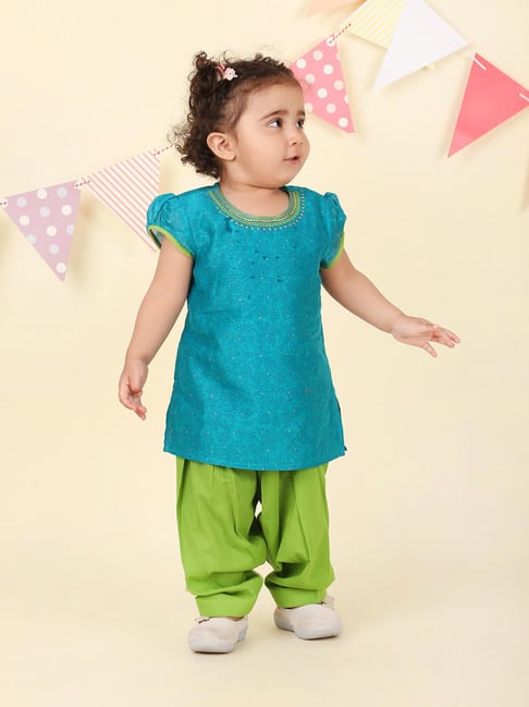 Fabindia Infant Girls Teal Cotton Silk Printed 2Pc Salwar Set-picture-40