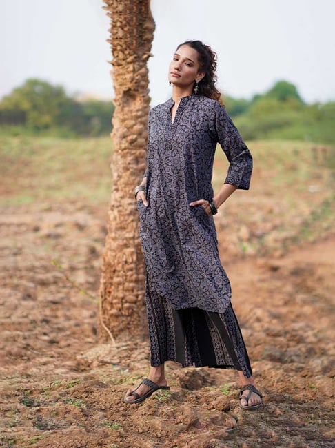 Chidiyaa Black WWB Silky Blooms Block Printed Regular Fit Kurti-picture-27