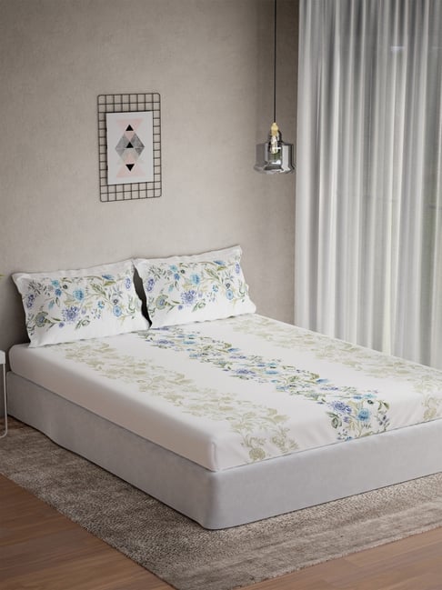 DDECOR Live beautiful Blue Cotton Floral 144 TC Double Flat Bedsheet with 2 Pillow Covers-picture-29