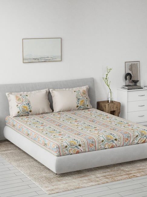 DDECOR Live beautiful Yellow Cotton Ethnic 145 TC Double Flat Bedsheet with 2 Pillow Covers-picture-18