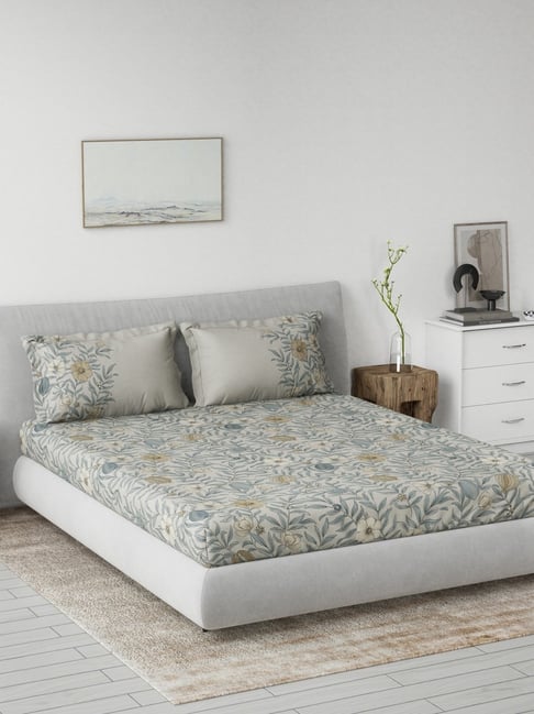 DDECOR Live beautiful Grey Cotton Floral 145 TC Double Flat Bedsheet with 2 Pillow Covers-picture-26