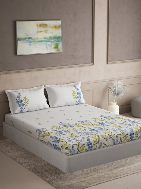 DDECOR Live beautiful Blue Cotton Floral 145 TC Double Flat Bedsheet with 2 Pillow Covers-picture-30