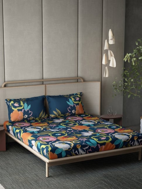 DDECOR Live beautiful Blue Cotton Floral 210 TC Double Flat Bedsheet with 2 Pillow Covers-picture-27