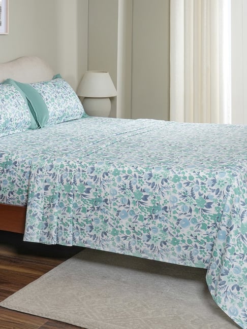 Maspar Blue Cotton Printed 200 TC Single Flat Bedsheet with 1 Pillow Cover-image-33