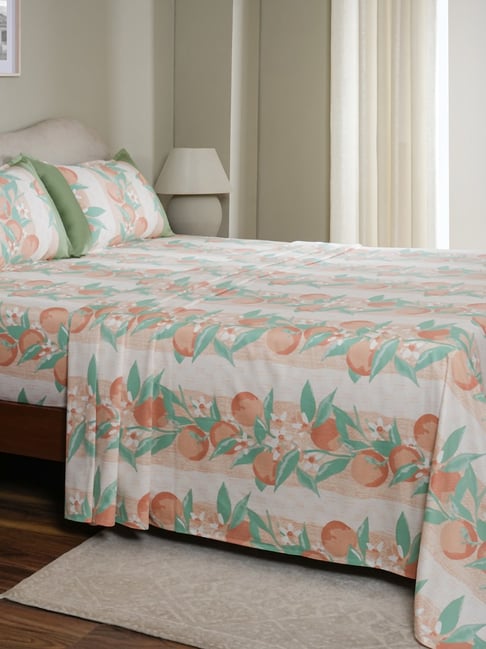 Maspar Peach Cotton Printed 200 TC Single Flat Bedsheet with 1 Pillow Cover-image-31