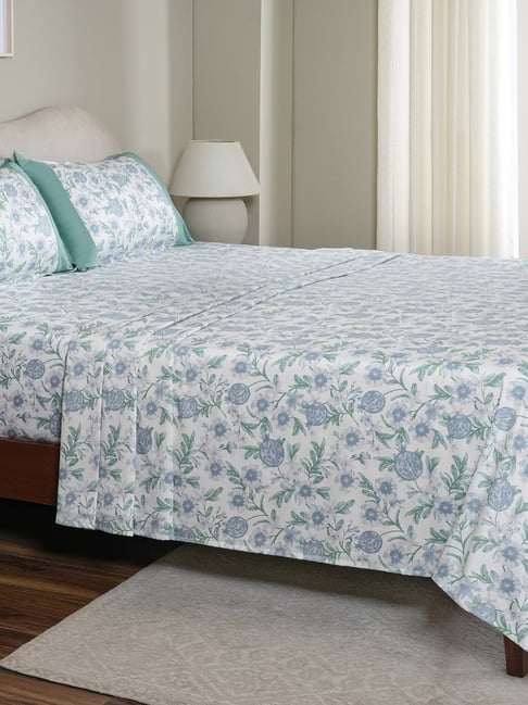 Maspar Blue Cotton Printed 200 TC King Flat Bedsheet with 2 Pillow Covers-image-49