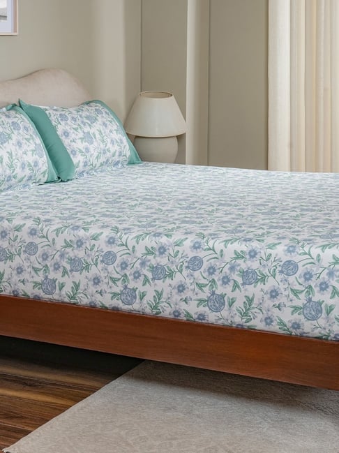 Maspar Blue Cotton Printed 200 TC Single Fitted Bedsheet with 1 Pillow Cover-image-1