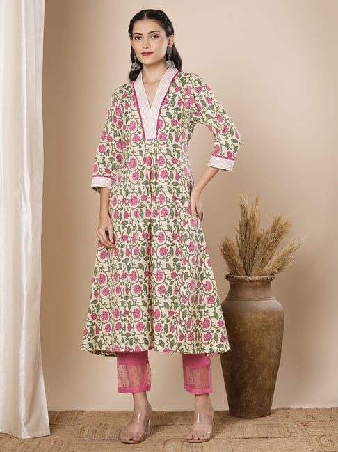 Fashor Cream Pure Cotton Floral Kurta-picture-27
