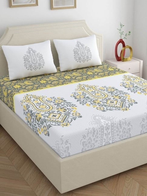 Dreamscape Grey Cotton Ethnic 200 TC Double Bedsheet with 2 Pillow Covers