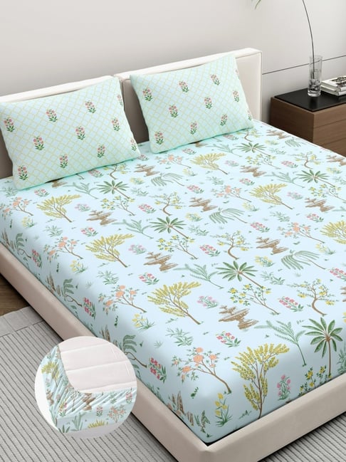 Dreamscape Sea Green Cotton Ethnic 200 TC King Fitted Bedsheet with 2 Pillow Covers