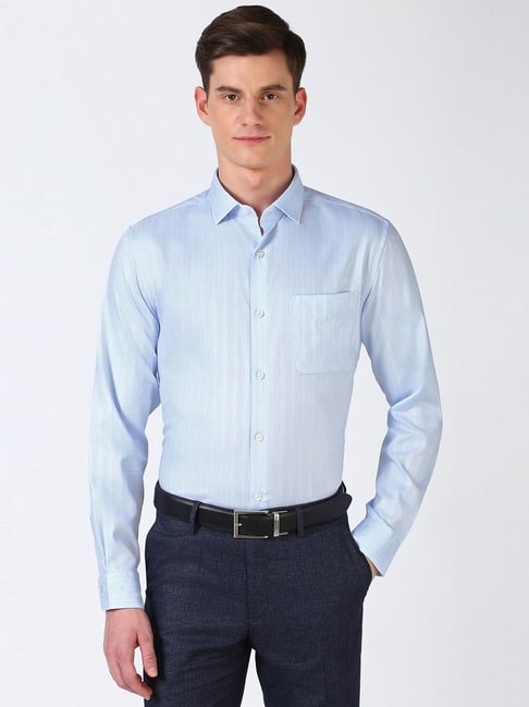 Peter England Blue Cotton Regular Fit Striped Shirt-picture-44