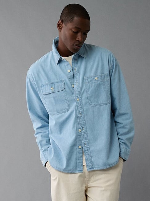 American Eagle Blue Cotton Regular Fit Denim Shirt
