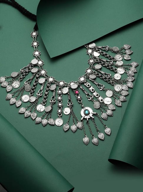Moedbuille Stone Studded Afghan Tribal Design Oxidised Silver plated Handcrafted Necklace-picture-27