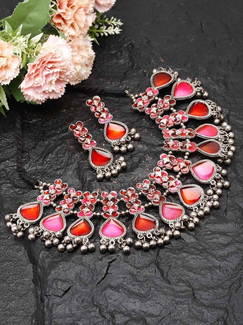 Moedbuille Handcrafted Meenakari Work Antique Design Oxidised Silver Plated Jewellery Set