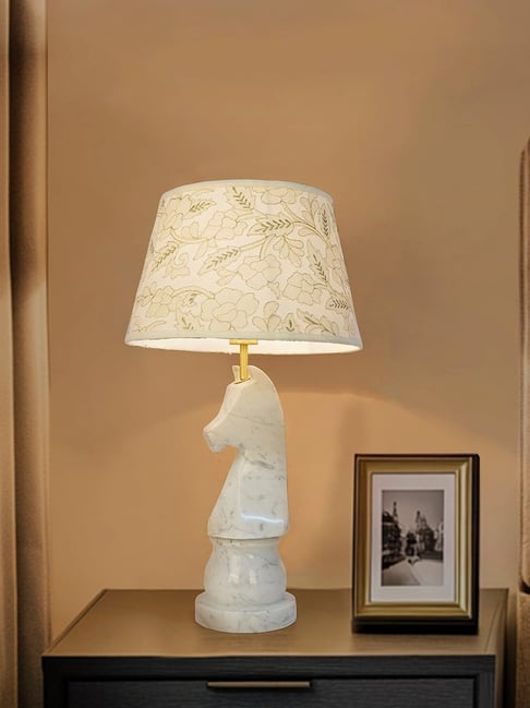 FOS LIGHTING Statuario Marble Chess Knight Table Lamp with Embroidered Drum  Shade