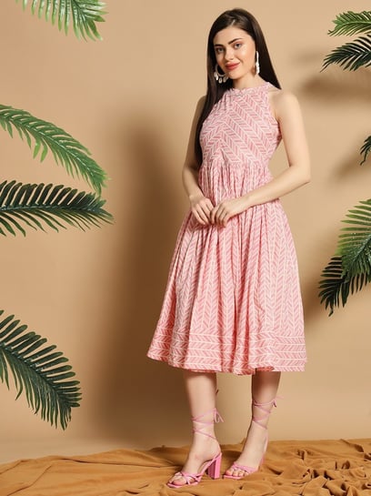 Meeranshi Pink Cotton Geometric Sleeveless Dress