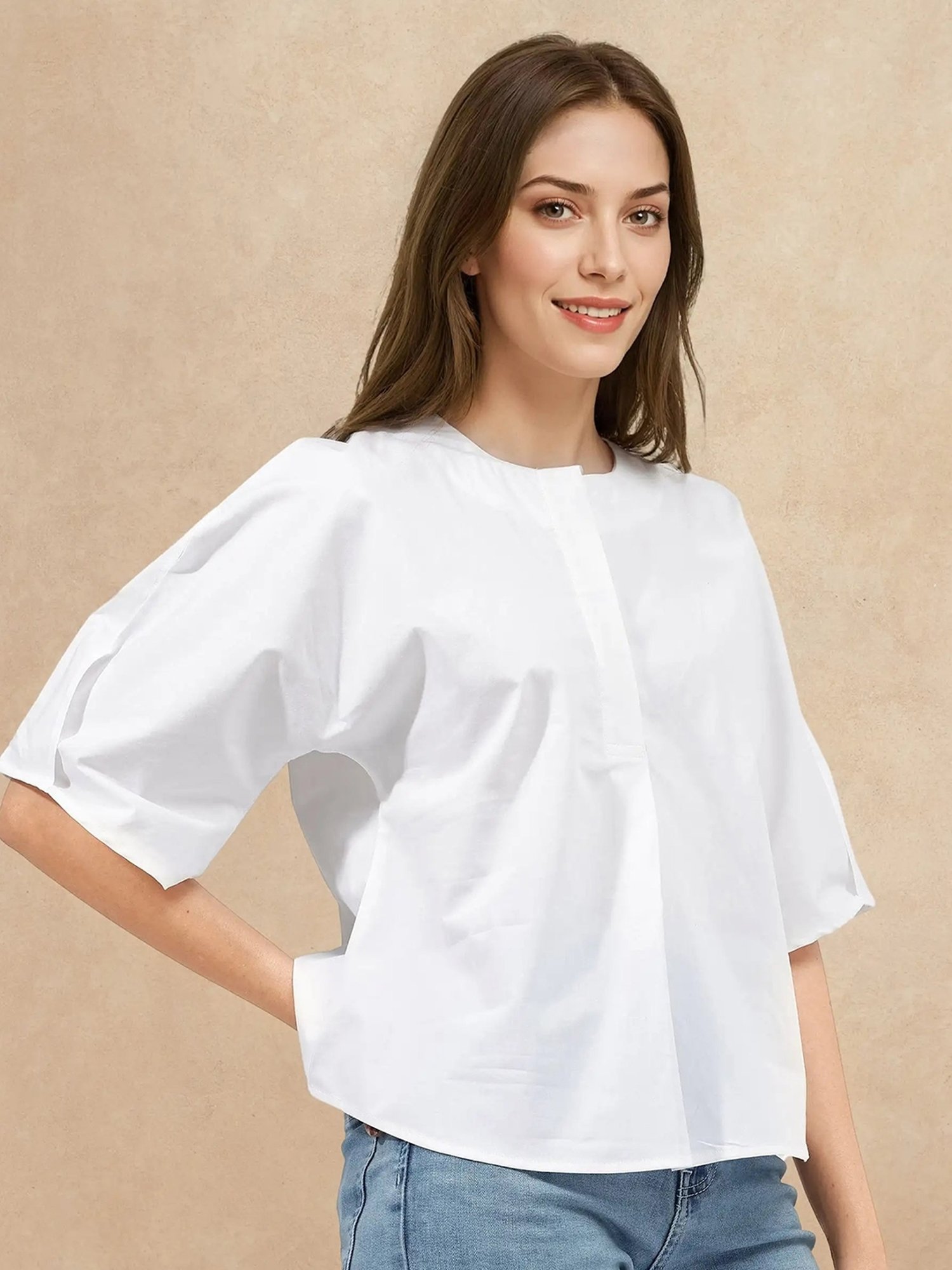 RAREISM White Cotton Solid Three-Quarter Sleeves Top