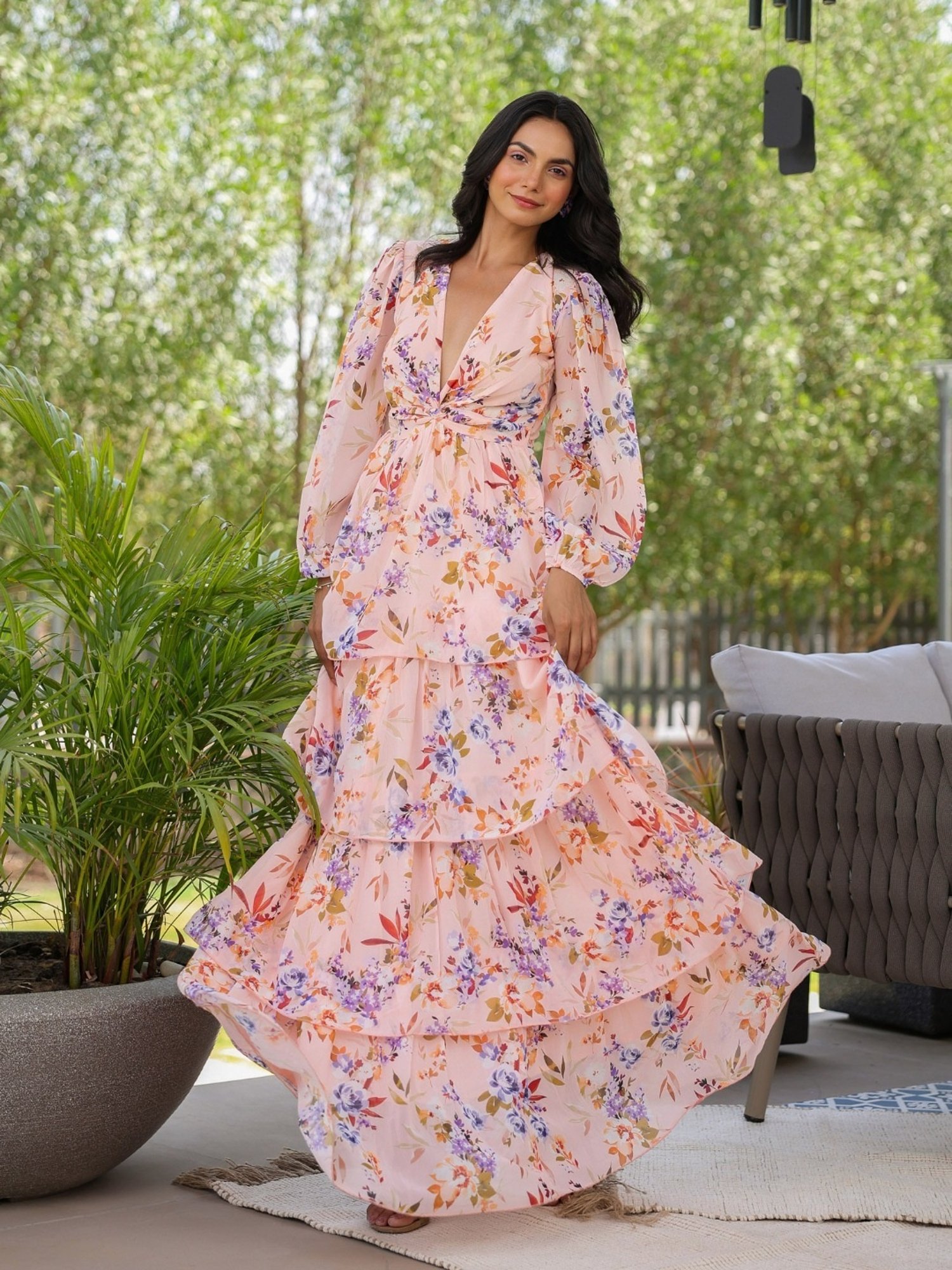 BInfinite Peach Sunkissed Botanical Bloom Comfort Fit Tiered Maxi