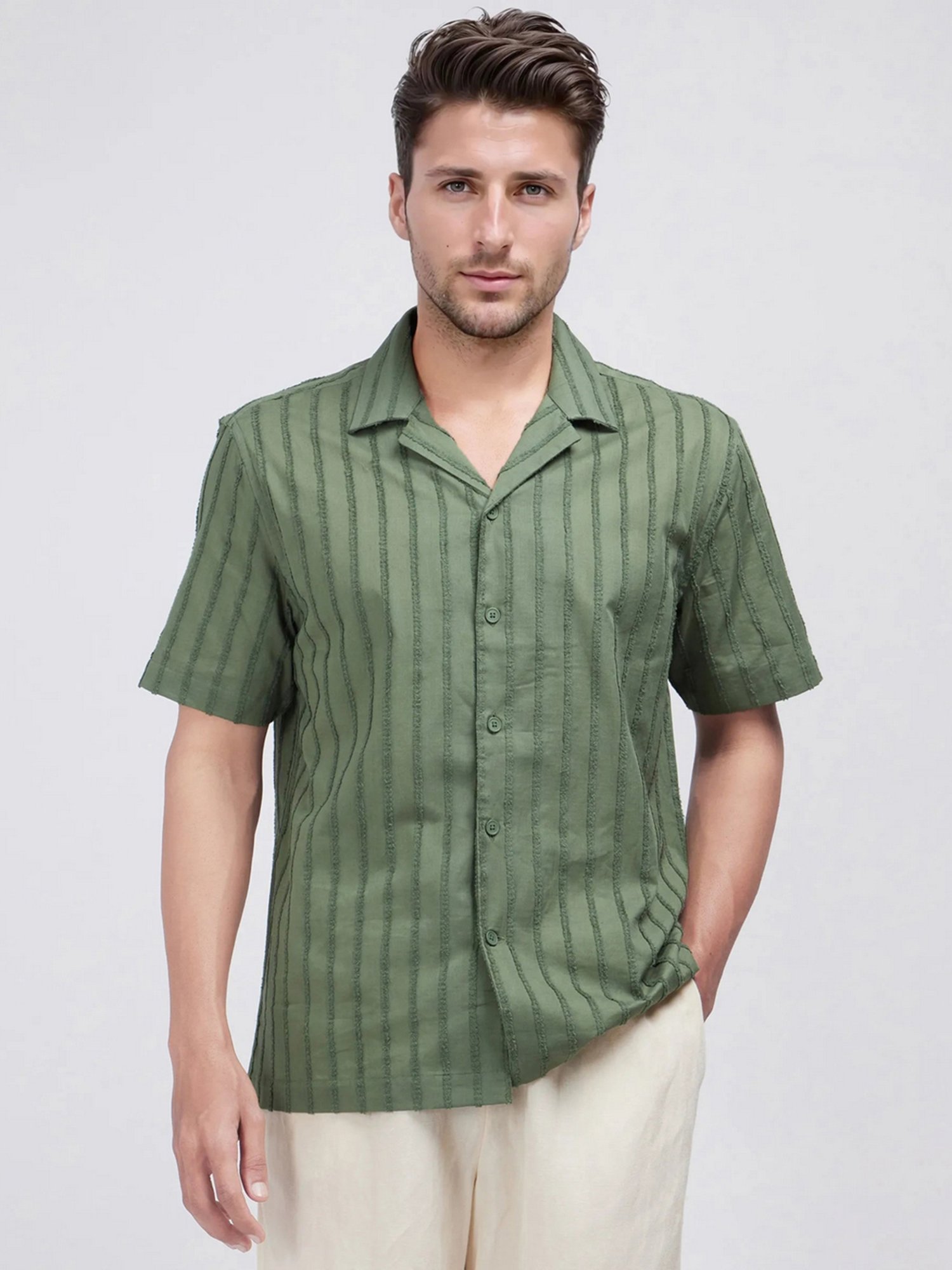 Rare Rabbit Green Boxy Fit Stripes Shirt