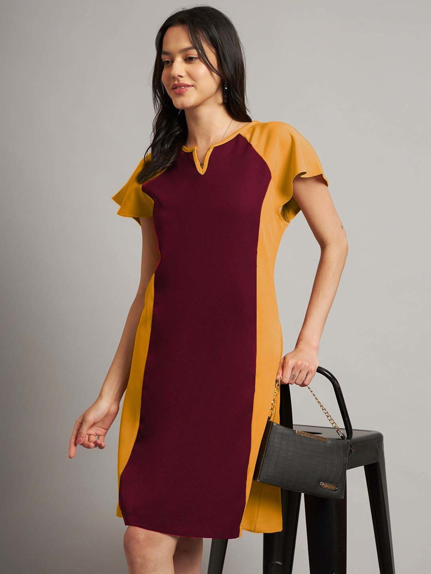 mustard and burgundy dress Brinns Mustard & Burgundy Regular Fit Color-Block Dress
