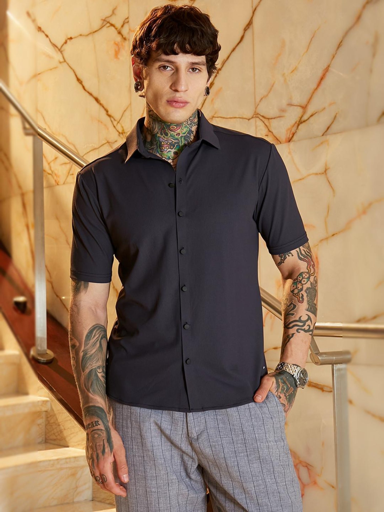 Simply Complicated FRAME NYLON SHIRT Buy Men's Sky Blue Slim Fit