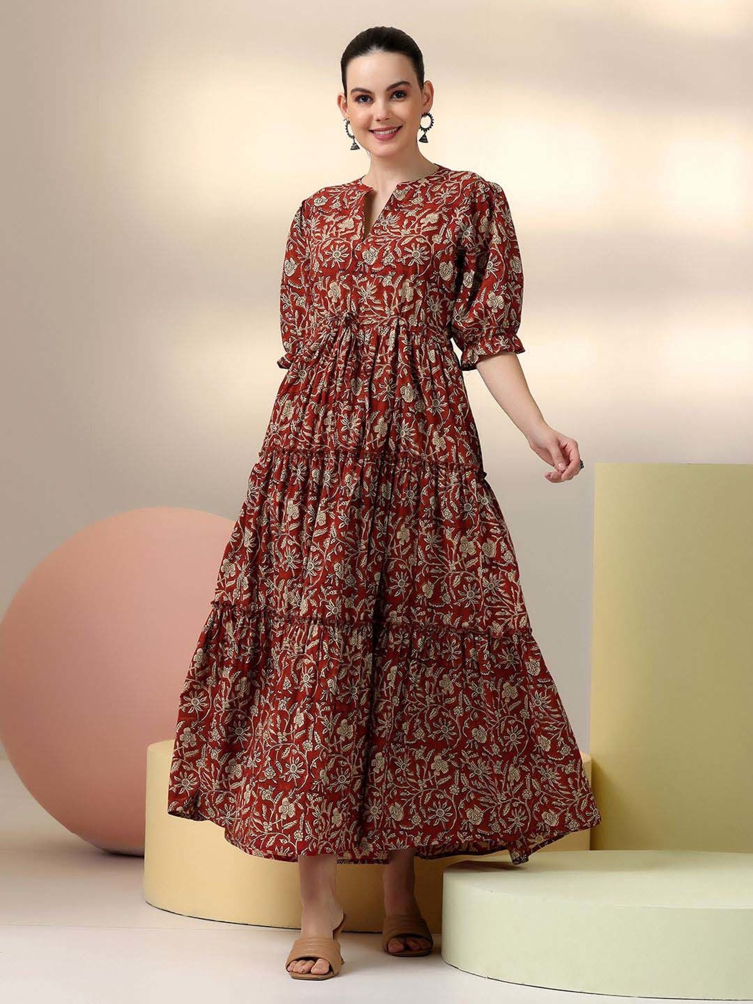 Libas Red Cotton Fit And Flare Floral Print Dress