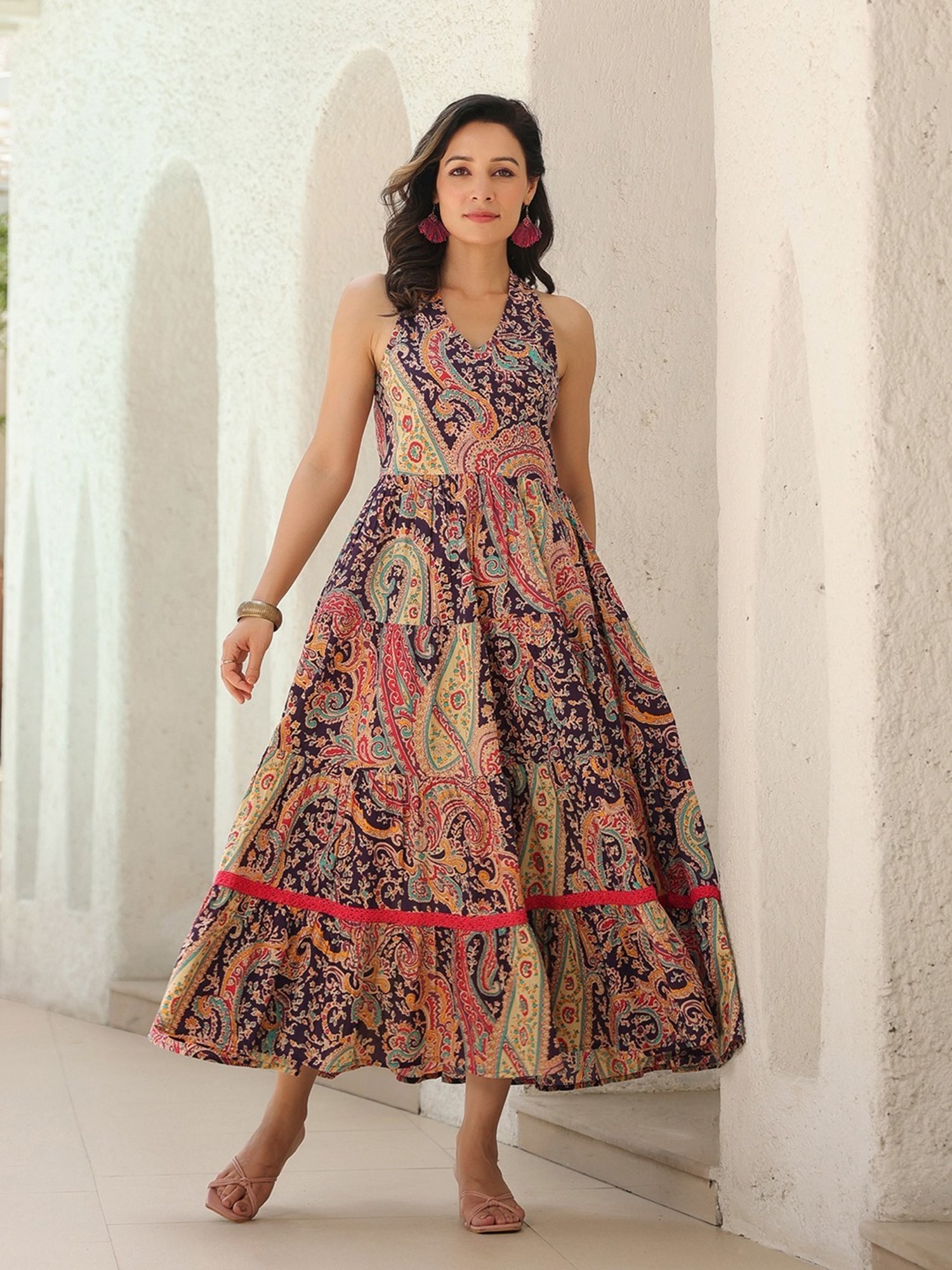 Rain and Rainbow Purple Cotton Paisley Printed Sleeveless Midi Dress