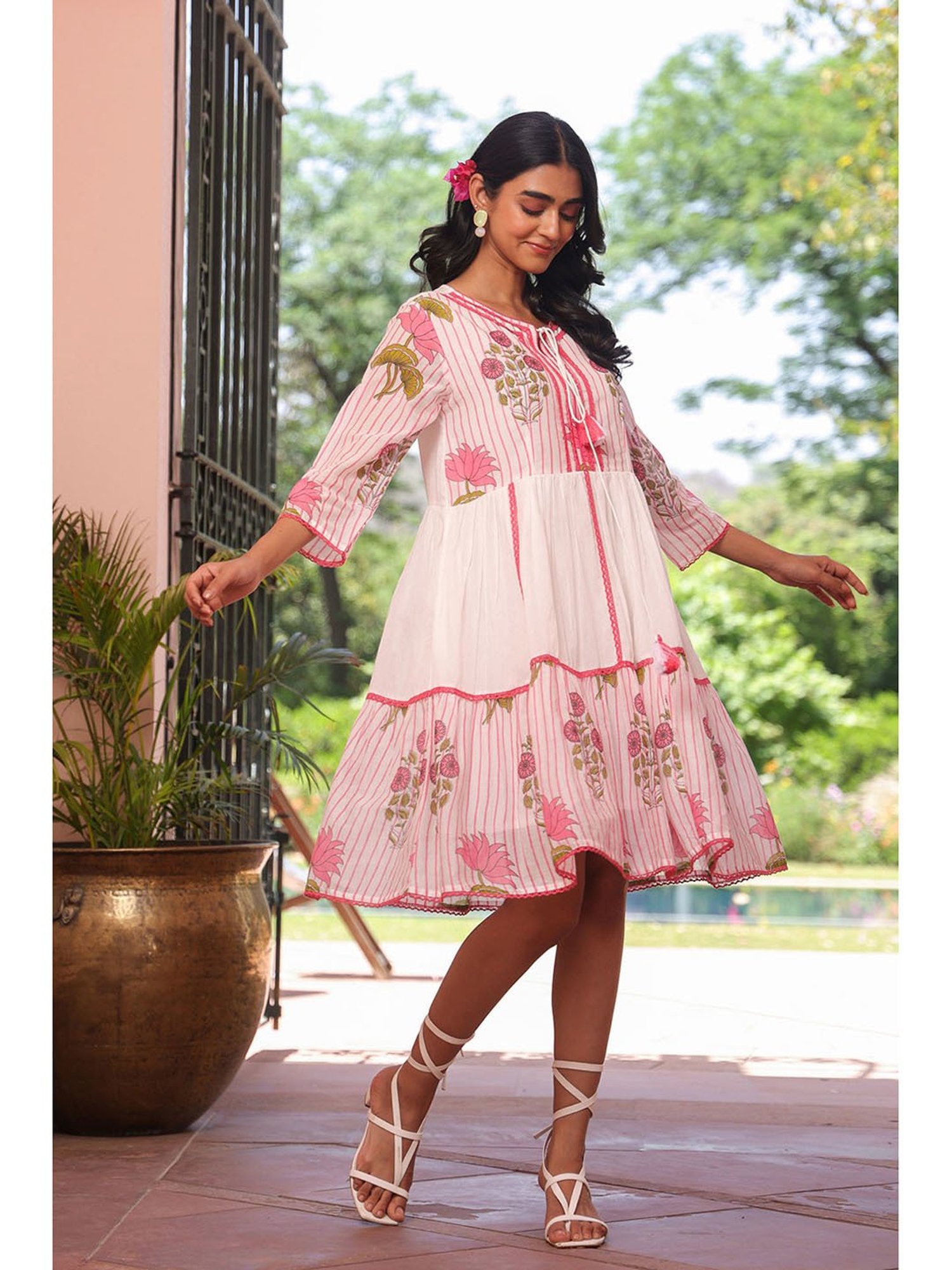 Buy Scakhi Pink Striped-Floral Cotton Printed Midi Tiered Dress