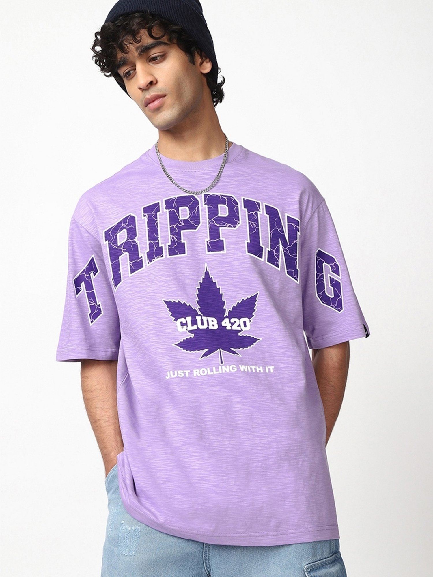 Bewakoof Men's Purple Tripping Graphic Printed Oversized T-Shirt