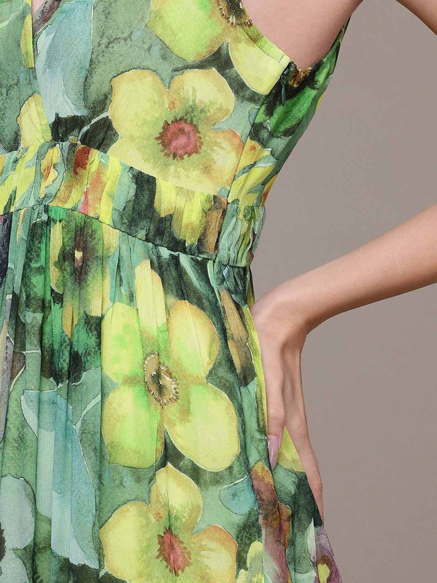 Label Ritu Kumar Green Fitted Floral Print Dress