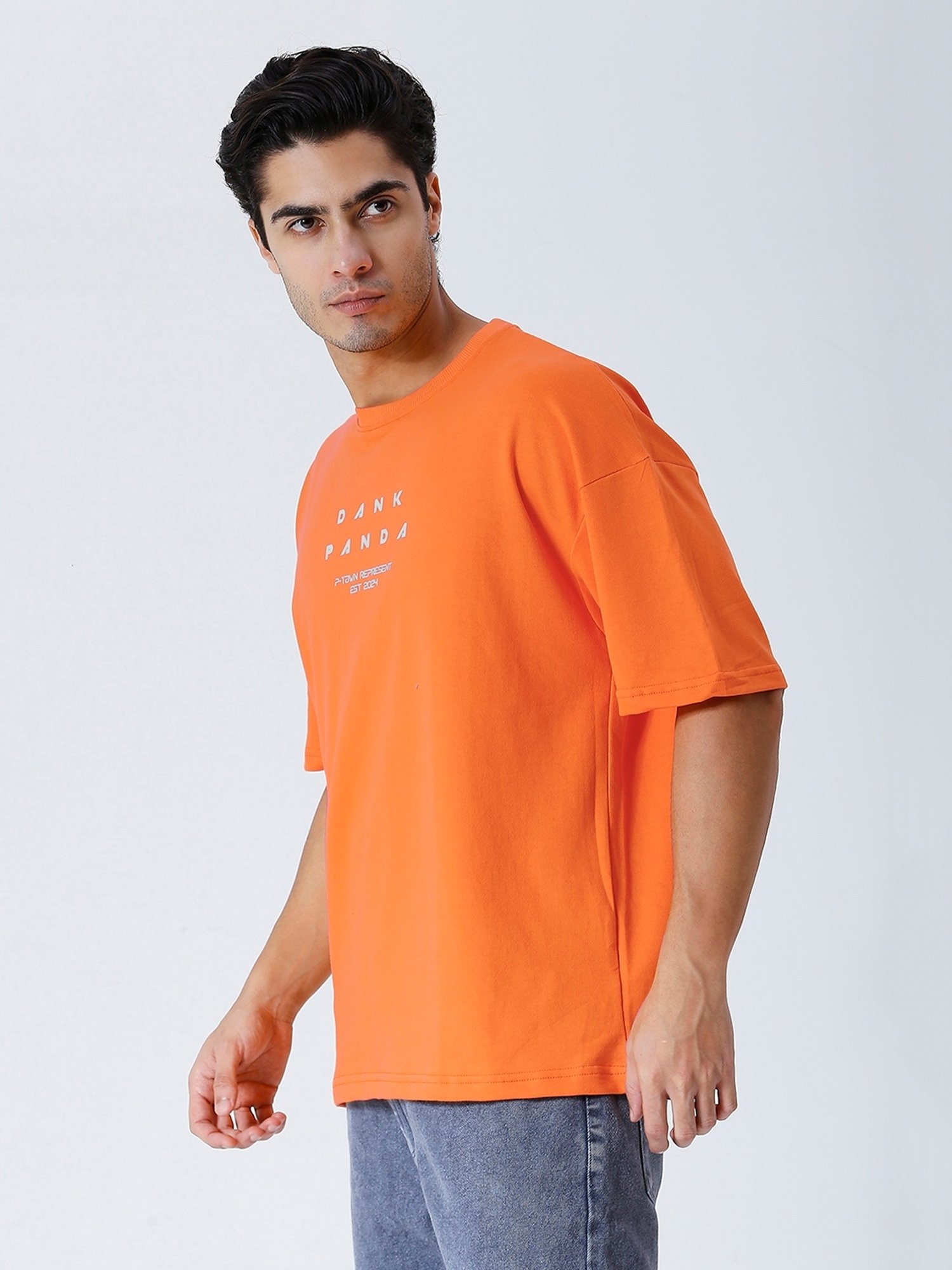 House Of RS Orange Oversized Fit Plain Oversized T-Shirt