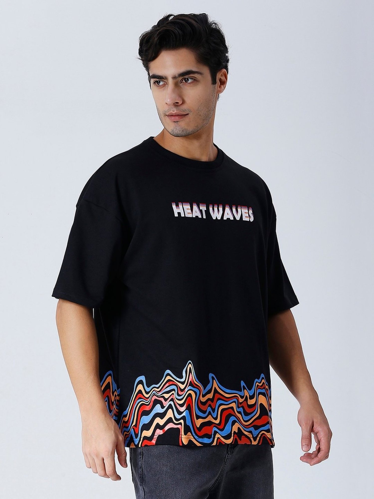 House Of RS Black Oversized Fit Printed Oversized T-Shirt