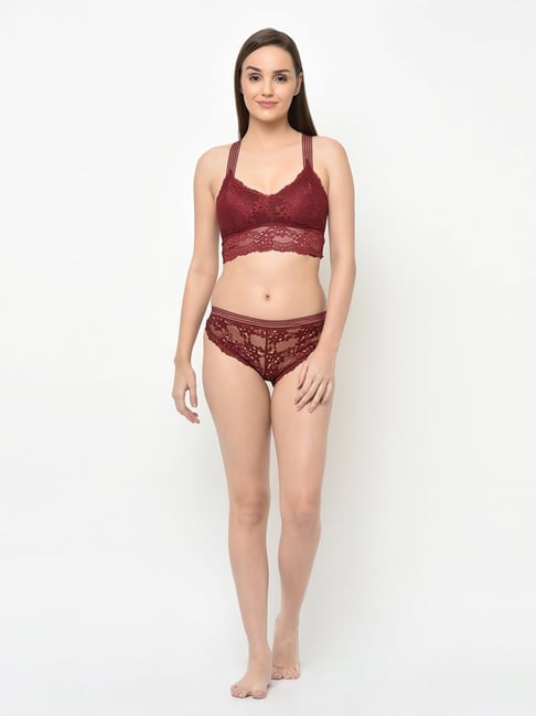 Da Intimo Maroon Lace Bralette With Bikini Panty