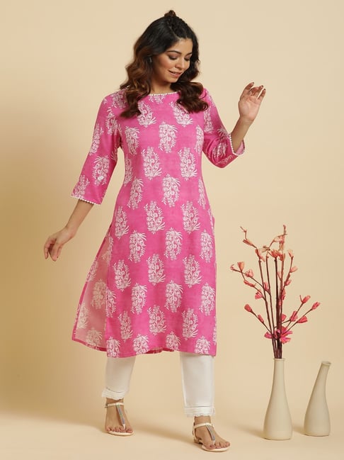W Pink Printed Straight Kurta
