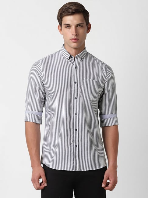 Peter England Grey Cotton Slim Fit Striped Shirt