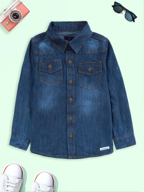 Kiddopanti Boys Blue Solid Full Sleeves Denim Shirt