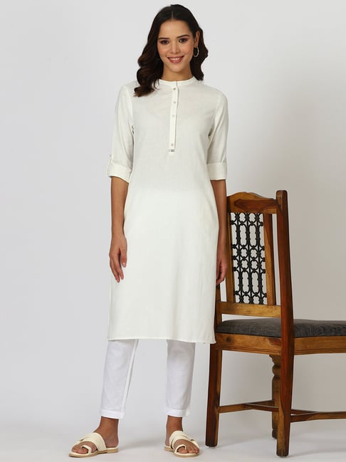 W White Cotton Blend Solid Kurta-picture-18