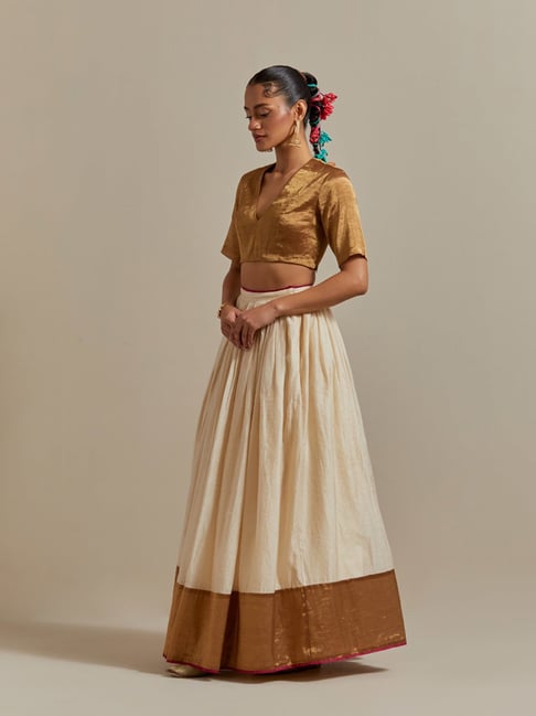 Vinusto Ivory Stripe Chanderi Skirt with Gold Zari Blouse and Embroidered  Dupatta