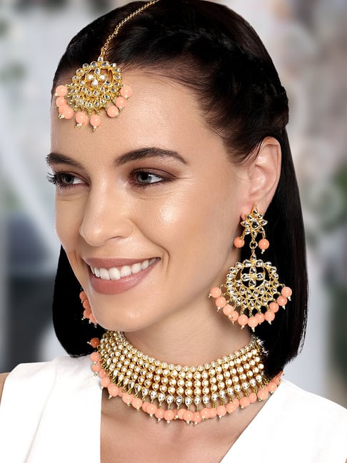 Peach Kundan Set With Tikka Peora Gold Plated Kundan Peach Pearl