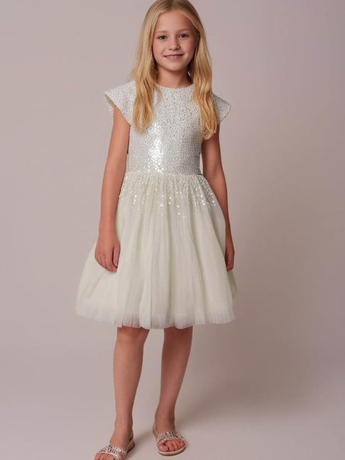 Cherry Crumble By Nitt Hyman Girls Beige Flared Embellished Dress