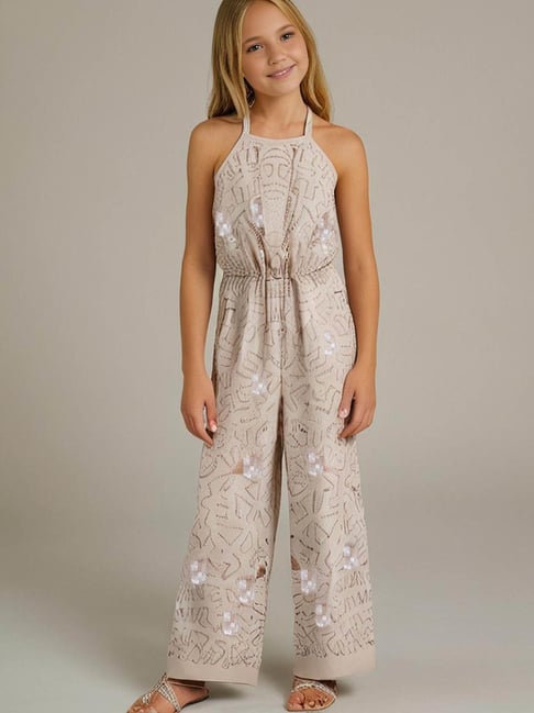 Cherry Crumble By Nitt Hyman Girls Beige Fitted Embellished Jumpsuit