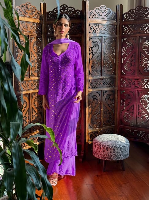 Label Aishwaryrika Purple Georgette Comfort Fit Embroidered Kurta Set
