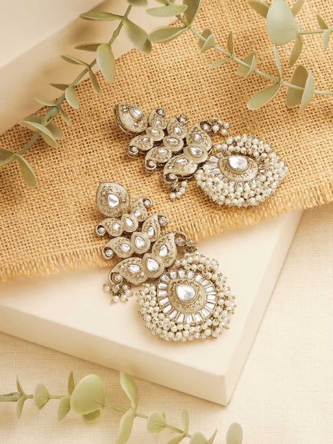 Zaveri Pearls Gold Tone Clustered Pearls Meenakari Kundan Dangler Earrings-picture-10