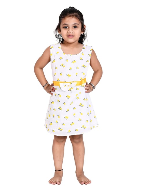 Creative Kid's Girls White & Yellow Cotton Printed Dress-picture-19