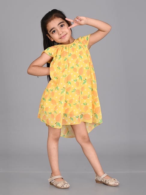 Creative Kid's Girls Yellow & Green Printed Dress