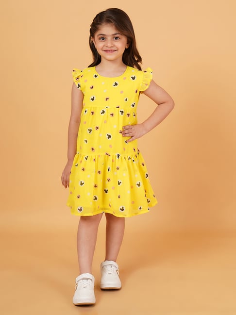 Creative Kid's Girls Yellow & Black Printed Dress