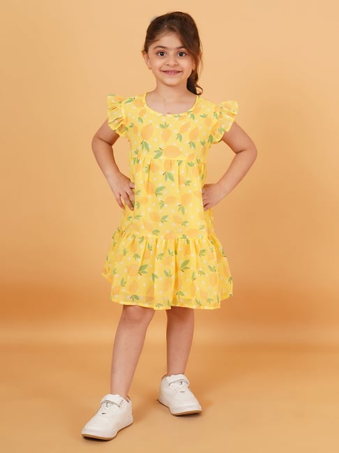 Creative Kid's Girls Yellow & Green Printed Dress