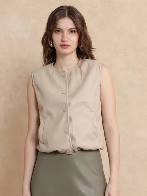 RAREISM Brown Cotton Jersey Solid Sleeveless Jacket-picture-37